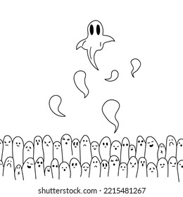 Vector. Grey, black and white contrast seamless pattern. Creepy evil Halloween background. Hand-drawn ghosts in cartoon style. Repeating wallpaper, sketch. Design of gift wrapping, gift paper.