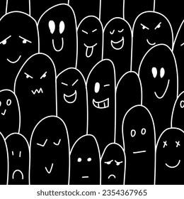Vector. Grey, black and white contrast seamless pattern. Creepy evil Halloween background. Hand-drawn ghosts in cartoon style. Repeating wallpaper, sketch. Design of gift wrapping, gift paper.