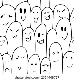 Vector. Grey, black and white contrast seamless pattern. Creepy evil Halloween background. Hand-drawn ghosts in cartoon style. Repeating wallpaper, sketch. Design of gift wrapping, gift paper.
