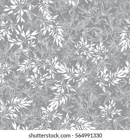 Vector Grey Blossom Branches Leaves Summer Seamless Pattern Background. Great for elegant gray texture fabric, cards, wedding invitations, wallpaper.