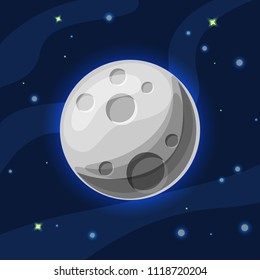 Vector grey and blue moon in deep dark blue space with cartoon glow. Flat modern style. Moon in space, vector illustration, with cosmic starry sky and cartoon milky way