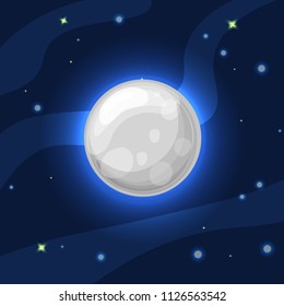 Vector grey and blue moon in deep dark blue space with cartoon glow. Flat modern style. Moon in space, vector illustration, with cosmic starry sky and cartoon milky way