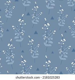Vector grey blue plants with snow seamless pattern background with hand drawn illustration. Great for fabric, textile, kids patterns, clothing, and paper uses
