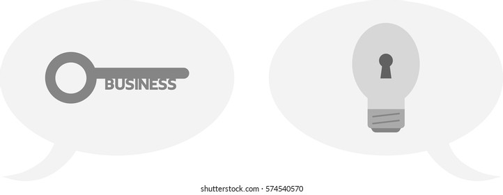 Vector grey business key and grey light bulb with keyhole inside speech bubbles.
