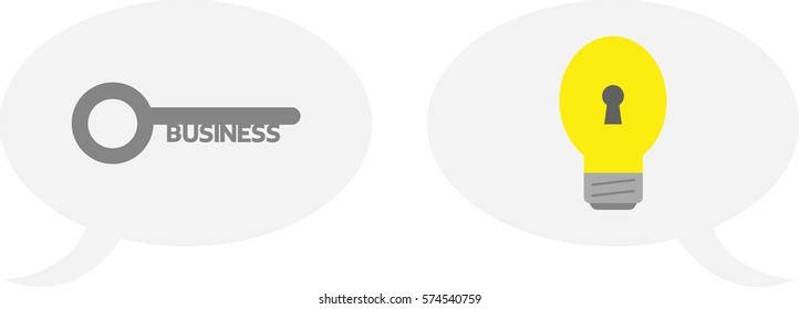 Vector grey business key and yellow glowing light bulb with keyhole inside speech bubbles.