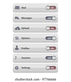 Vector grey buttons with different symbols and ON/OFF switches