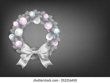 Vector grey card or background with silver Christmas wreath. 