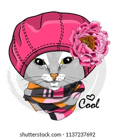 Vector grey cat with flower, pink hat and checkered scarf. Hand drawn illustration of dressed cat