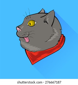 Vector Grey Cat with Yellow Eyes Isolated on Blue Background.