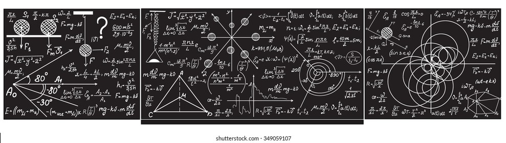 Vector grey chalkboard with handwritten with chalk formulas, equations, figures