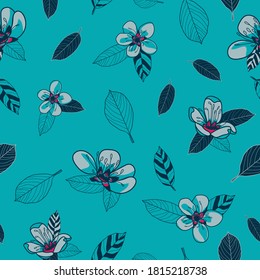 Vector grey cherry flowers blue seamless pattern