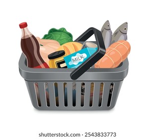 vector grey color basket with food isolated on white background