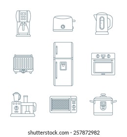 vector grey color outline various kitchen electric devices gadgets icons set 