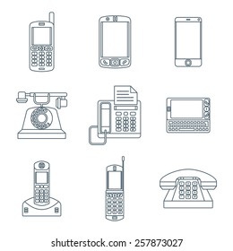 vector grey color outline various telephones gadgets devices icons set 