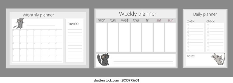 Vector grey color set of monthly, weekly and daily planner with cute cartoon cats.