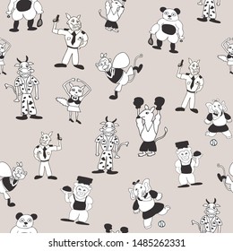 Vector grey cute black and white anthropomorphic cartoon characters seamless pattern background