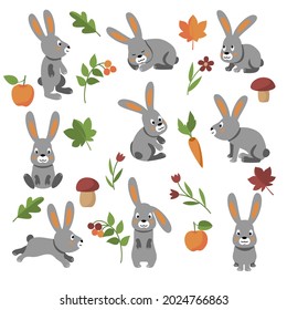 vector grey cute funny cartoon bunny little rabbit fluffy hare animal for kids design card invitation autumn fall harvest apple mushrooms flowers leaves