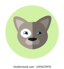 Vector grey dog head icon on green round background. Flat style. Cartoon dog face. Silhouette simple. Animal round illustration. French bulldog