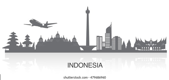 Vector grey Flat design, Illustration of Indonesia Icons, and landmarks. Travel concept.