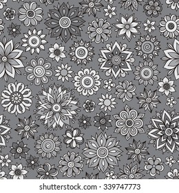 Vector grey flower pattern. Seamless botanic texture, detailed flowers illustrations. Floral pattern in doodle style, spring floral background.
