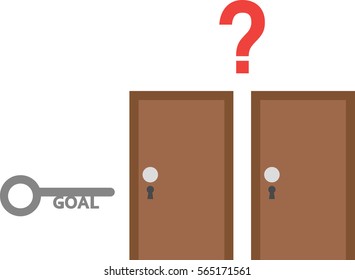 Vector grey goal key with two brown doors and red question mark.