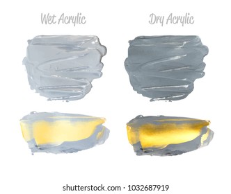 Vector grey and gold paint smear stroke stain set. Abstract gold glittering textured art illustration. Gold Texture Paint Stain Illustration. Hand drawn brush strokes vector elements. Acrilyc strokes.