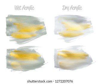 Vector grey and gold paint smear stroke stain set. Abstract gold glittering textured art illustration. Gold Texture Paint Stain Illustration. Hand drawn brush strokes vector elements. Acrilyc strokes.