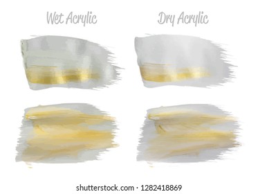 Vector grey and gold paint smear stroke stain set. Abstract gold glittering textured art illustration. Gold Texture Paint Stain Illustration. Hand drawn brush strokes vector elements. Acrilyc strokes.