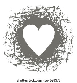 Vector grey graphic grunge illustration of heart sign with ink blot, brush strokes, drops isolated on the white background. Series of artistic illustration with splash, blots and brush strokes