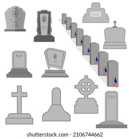 Vector Grey Gravestone Icon Set Isolated on White Background. Flat Design.