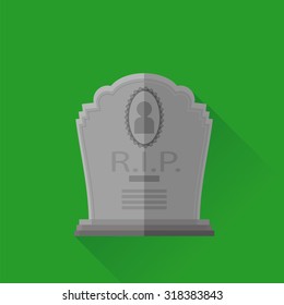 Vector Grey Gravestone Isolated On Green Background. Flat Design. Long Shadow