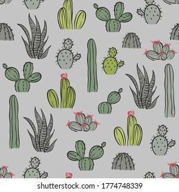 vector grey and green cute cactus seamless pattern background. perfect for wallpaper, scrapbooking and product projects.