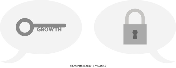 Vector grey growth key and padlock inside speech bubbles.