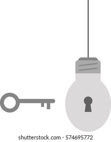 Vector grey hanging light bulb with keyhole and grey key.