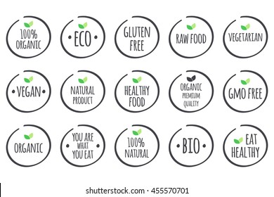 Vector grey healthy eating logo set with green leaves, labels for food. 