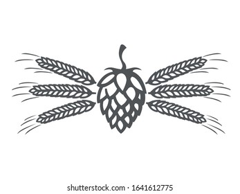 Vector grey hop and barley ear for brewing on white background