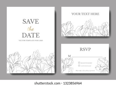 Vector Grey iris floral botanical flower. Wild spring leaf wildflower isolated. Engraved ink art. Wedding background card floral decorative border. Elegant card illustration graphic set banner.