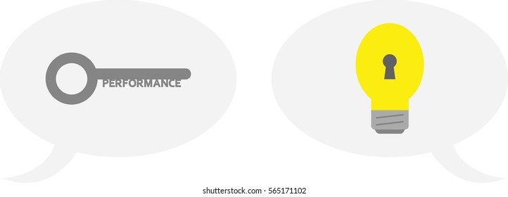 Vector grey job key and yellow glowing light bulb with keyhole inside speech bubbles.
