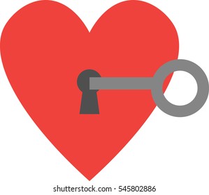 Vector grey key unlocking red heart with keyhole.