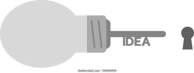 Vector grey light bulb with idea key and keyhole.
