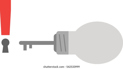 Vector grey light bulb with key and red exclamation mark keyhole.