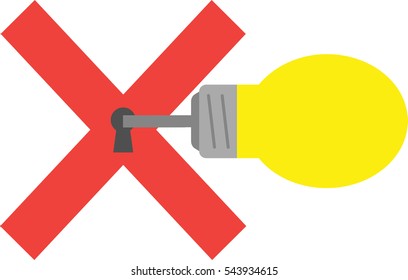 Vector grey light bulb with key and red x mark with keyhole.