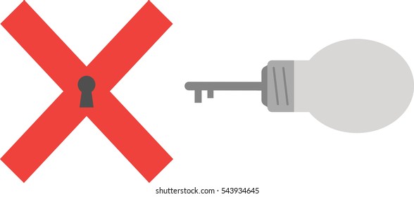 Vector grey light bulb with key and red x mark with keyhole.