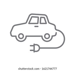 Vector grey line circular icon electric car. Isolated on white background.