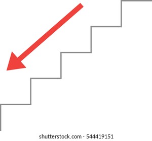 Vector grey line stairs with arrow pointing down.