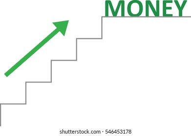 Vector grey line stairs with arrow pointing up and green money text on top.