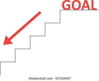 Vector grey line stairs with arrow pointing down and red goal text on top.