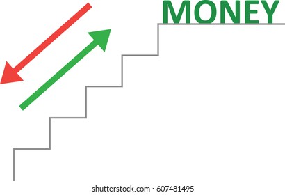 Vector grey line stairs with arrows pointing up, down and green money text on top.