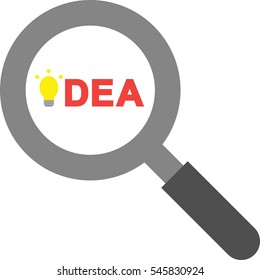 Vector grey magnifier with red idea text and light bulb.
