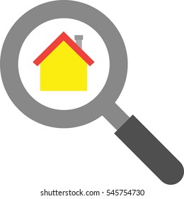 Vector grey magnifier with yellow house icon.